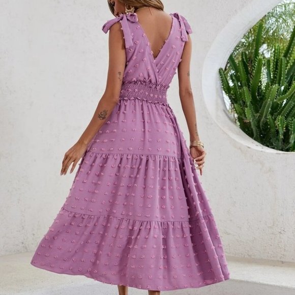 Swiss Dot Tie Shoulder V Neck Shirred Waist Dress purple - Picture 2 of 7